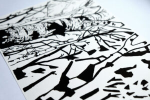 Abstract shapes of black and white art print by Till Steinberger showing trees in a forest